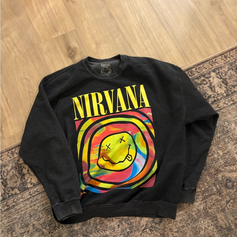 NIRVANA Black Crewneck Sweatshirt with Multicolor Smiley Graphic